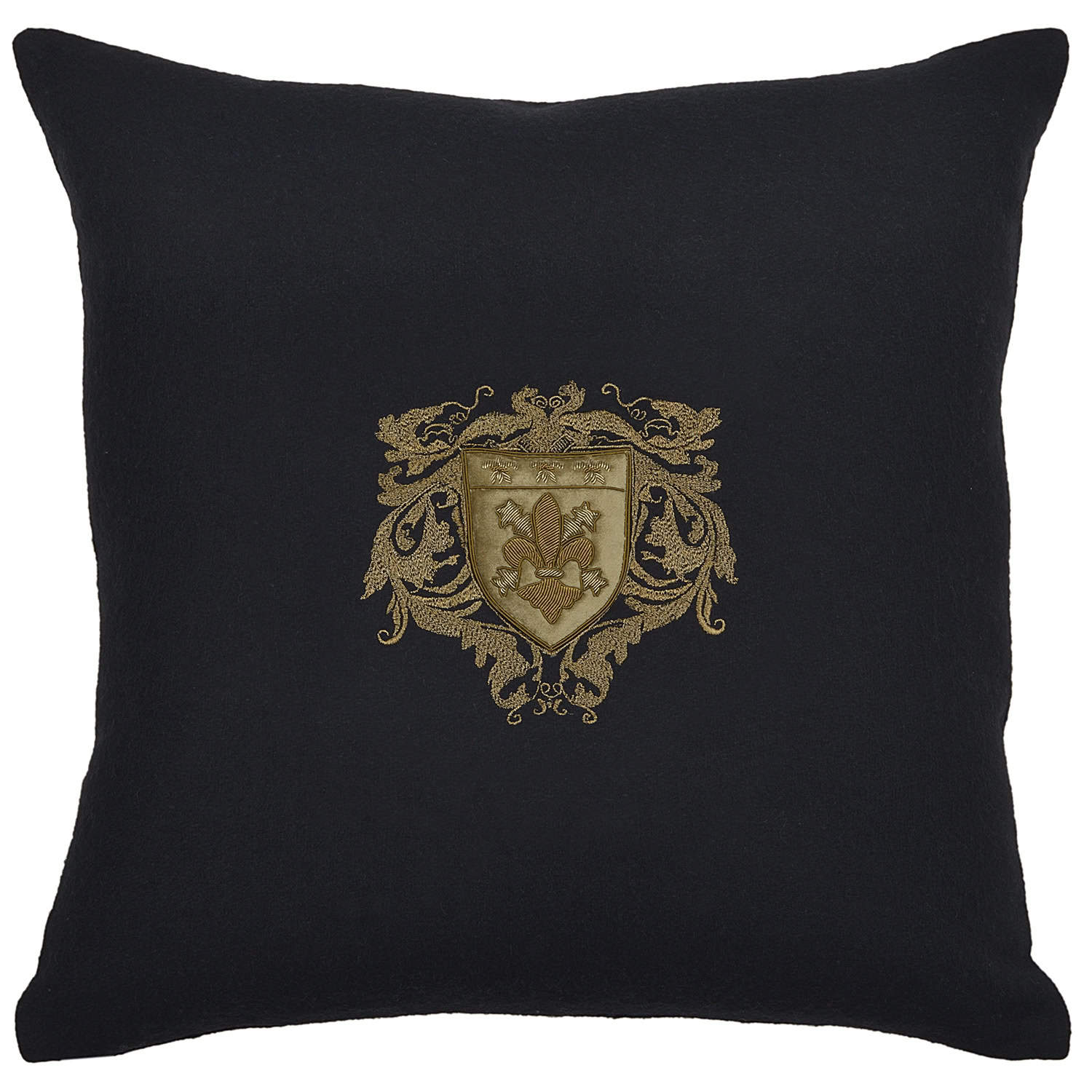 Fleur de Lys and Lions on Black Wool Cushion Square
