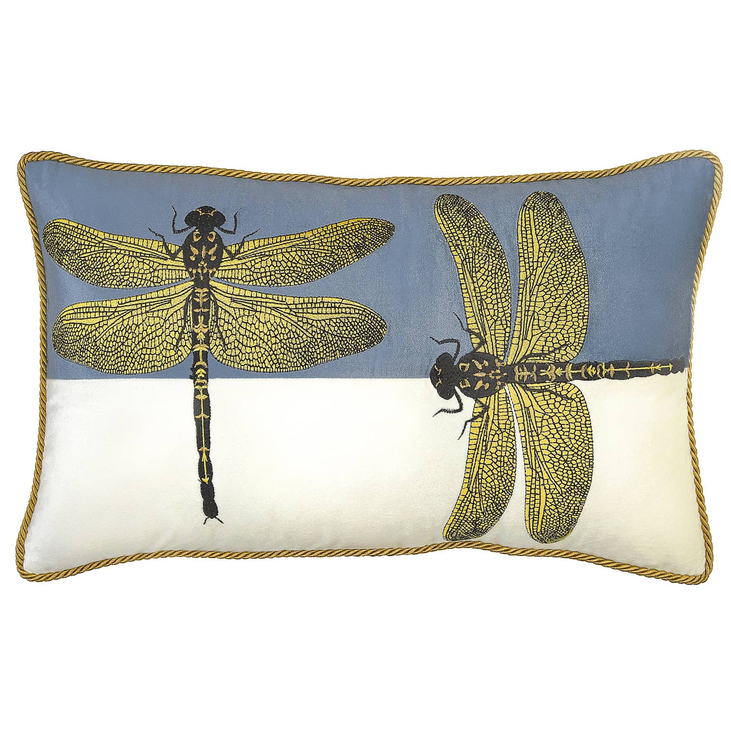 Dragonfly on Blue and Ivory Velvet Cushion - Image 2