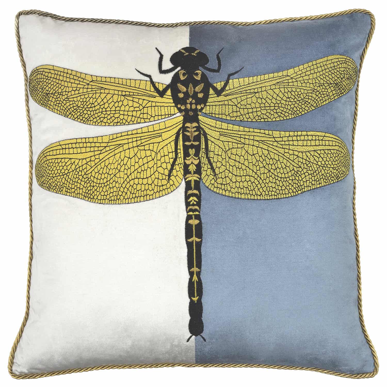 Dragonfly on Blue and Ivory Velvet Cushion
