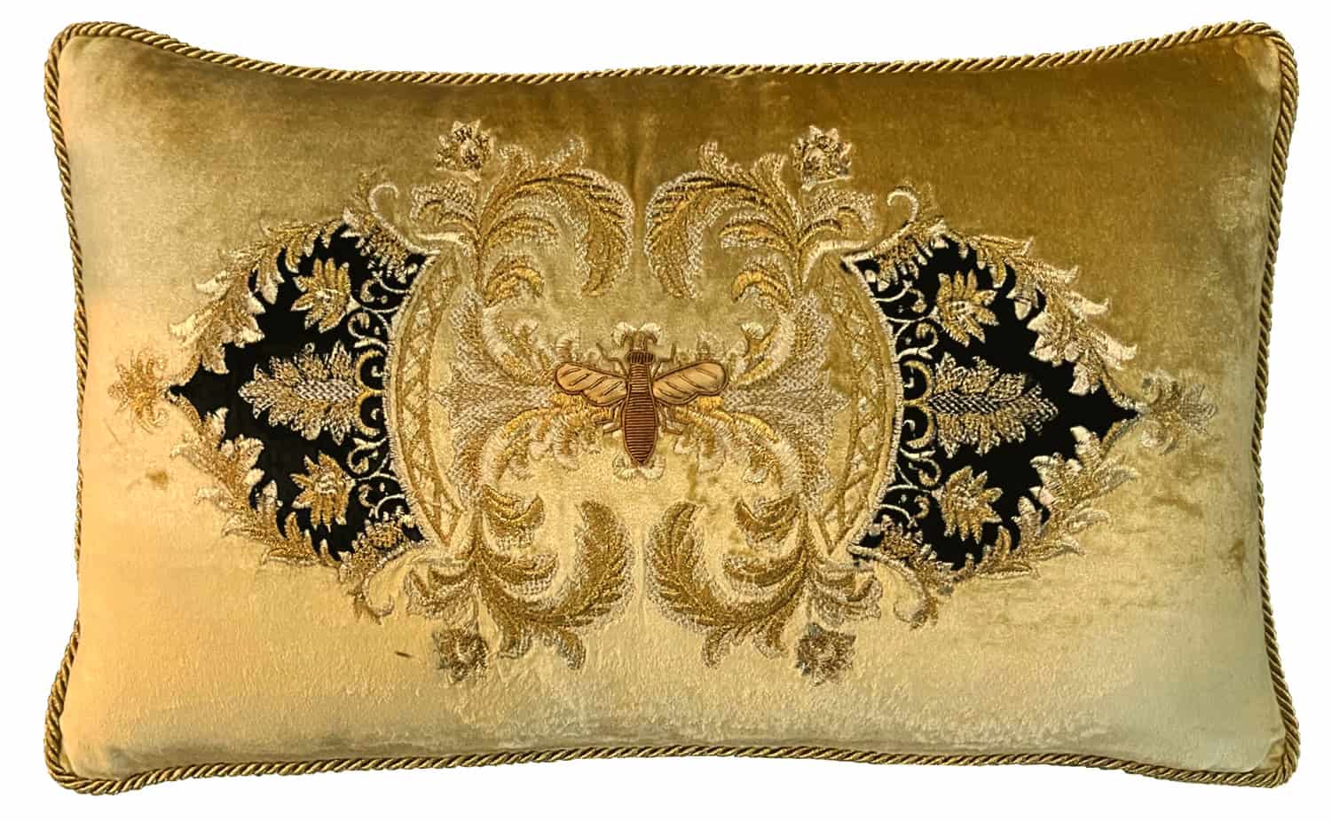 Bee and Black Velvet Motif Gold Rectangle Cushion