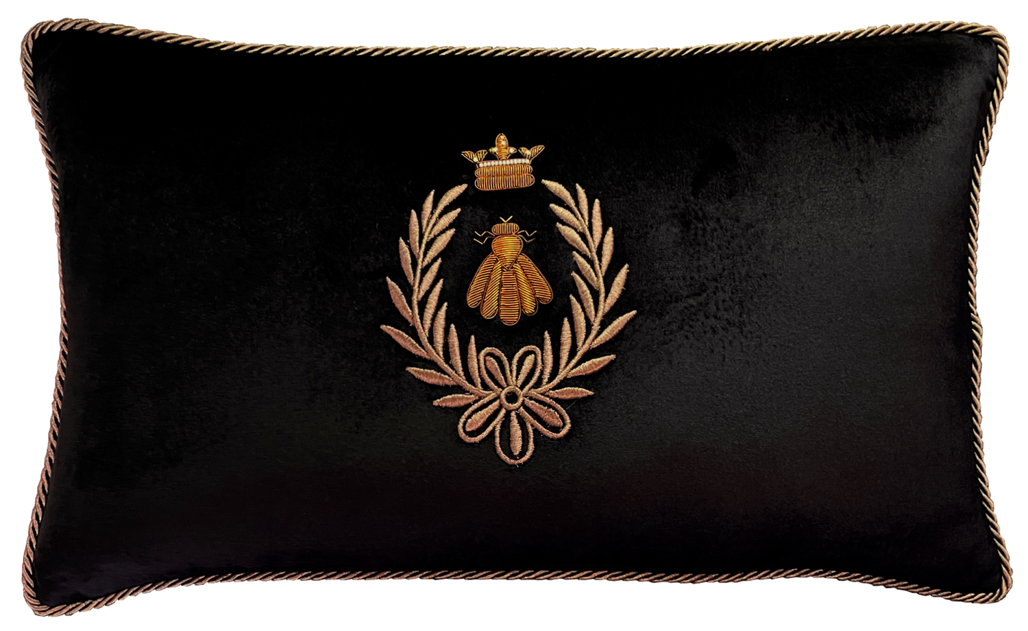 Old Gold Bee and Crown with Pink Gold Wreath on Black Velvet Rectangle Cushion